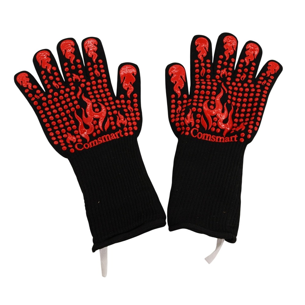 Comsmart Heat Resistant BBQ Gloves Black Red Flame Silicone Grip Non-Slip Mitts